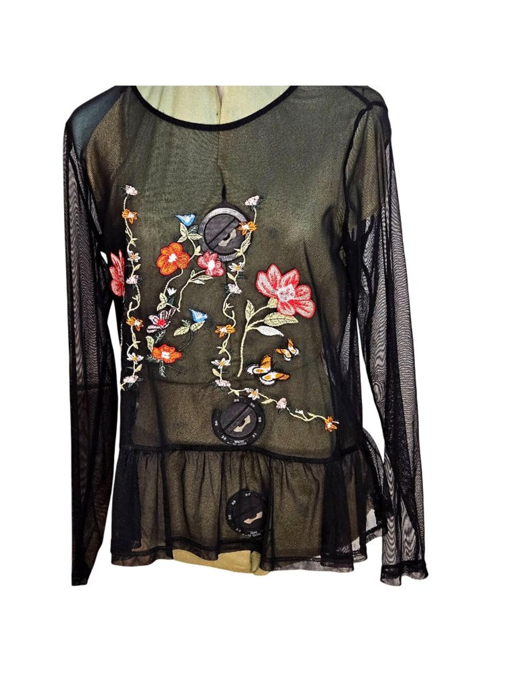 Woman's Hannah boho dark whimsy goth floral mesh black sheer pullover top M